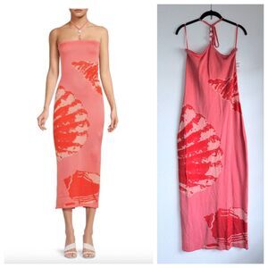 NWT Torn by Ronny Kobo Lola Print Bodycon Midi-Dress in Coral Reef Pink Size L